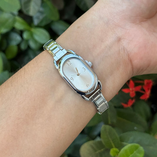 Reloj Italiano Ovalado Plateado Acero