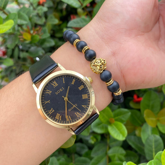Reloj Negro-Dorado con Pulsera